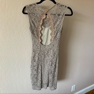Beige Open Back Lace Midi Bodycon Dress